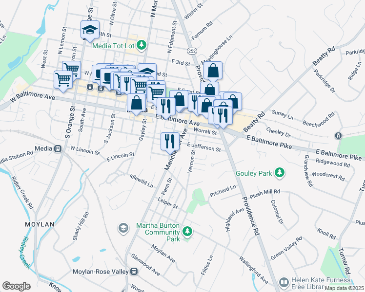 map of restaurants, bars, coffee shops, grocery stores, and more near 304 East Jefferson Street in Media