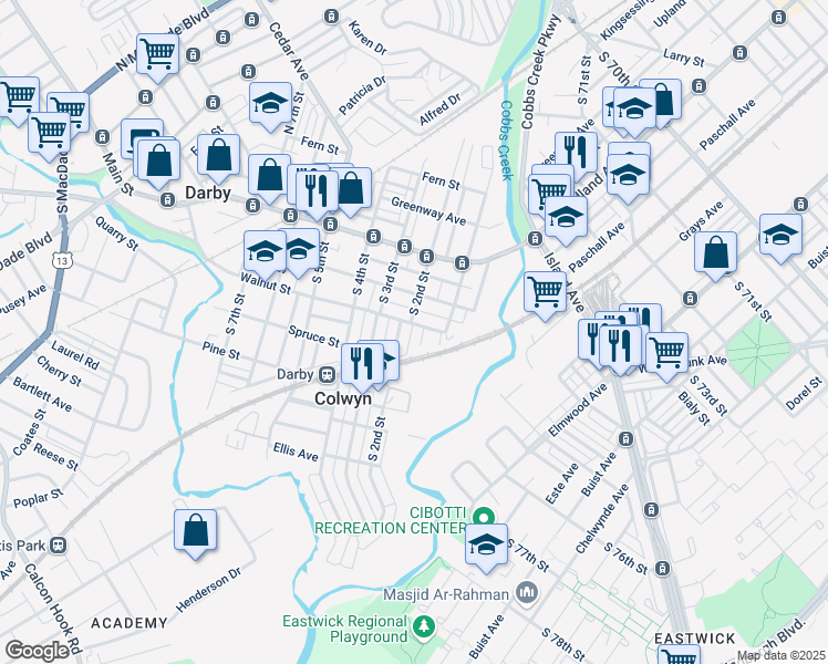map of restaurants, bars, coffee shops, grocery stores, and more near 104 Walnut Street in Darby