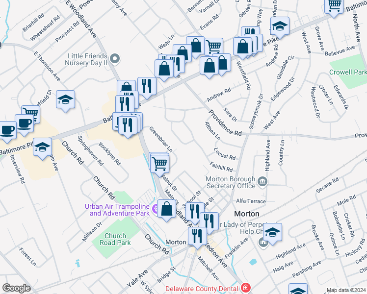 map of restaurants, bars, coffee shops, grocery stores, and more near 220 Hawthorne Road in Morton