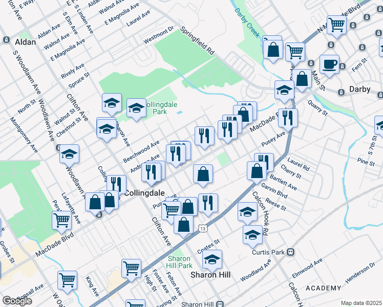 map of restaurants, bars, coffee shops, grocery stores, and more near 209 Jackson Avenue in Collingdale