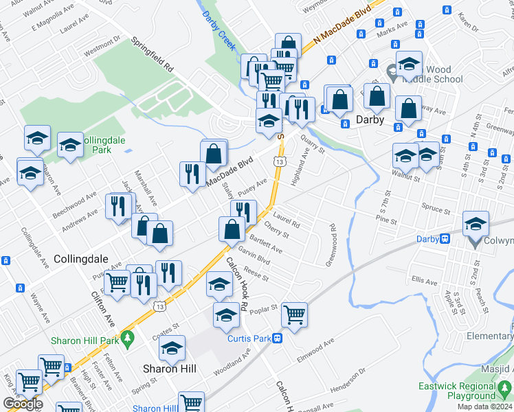 map of restaurants, bars, coffee shops, grocery stores, and more near 14 Cherry Street in Darby