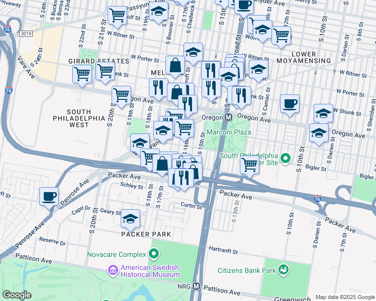 map of restaurants, bars, coffee shops, grocery stores, and more near 2909 South 16th Street in Philadelphia