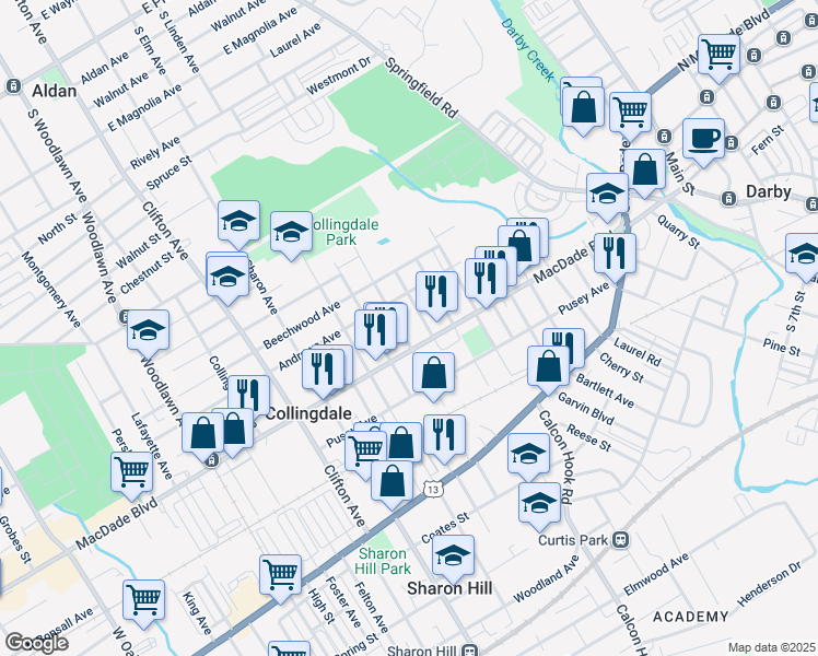 map of restaurants, bars, coffee shops, grocery stores, and more near 209 Jackson Avenue in Collingdale