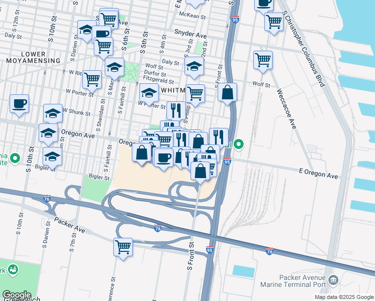 map of restaurants, bars, coffee shops, grocery stores, and more near 4833 South 2nd Street in Philadelphia