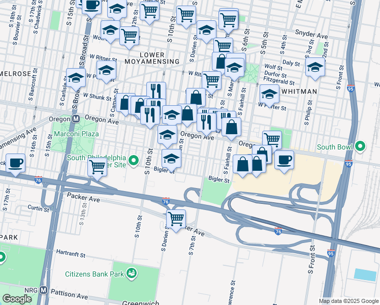 map of restaurants, bars, coffee shops, grocery stores, and more near 725 Johnston Street in Philadelphia