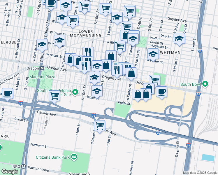 map of restaurants, bars, coffee shops, grocery stores, and more near 717 Johnston Street in Philadelphia