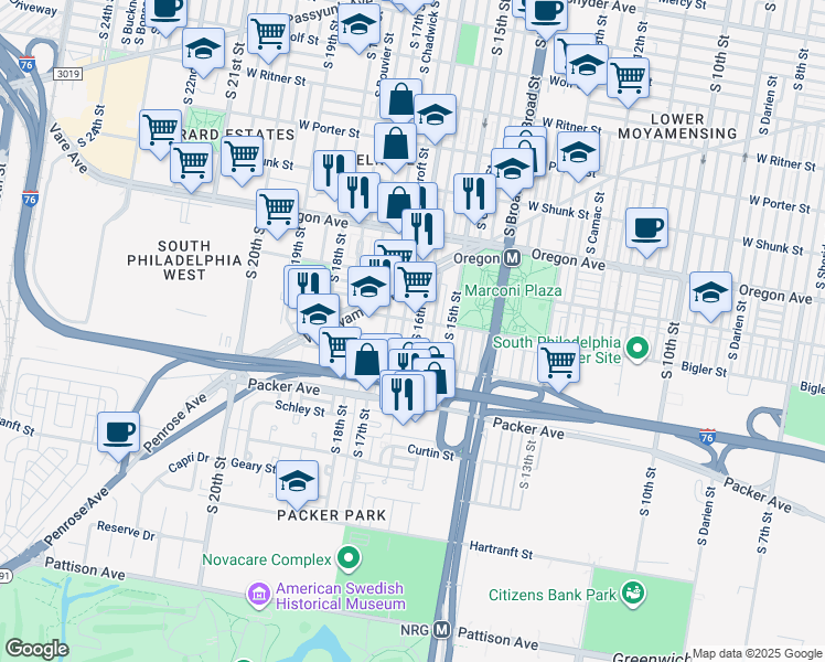 map of restaurants, bars, coffee shops, grocery stores, and more near 2910 South 16th Street in Philadelphia