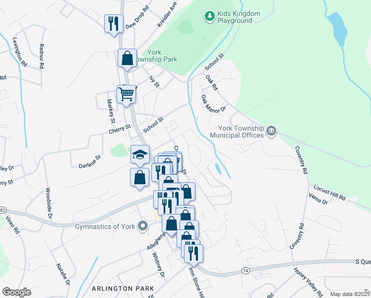 map of restaurants, bars, coffee shops, grocery stores, and more near 18 Circle Drive in York