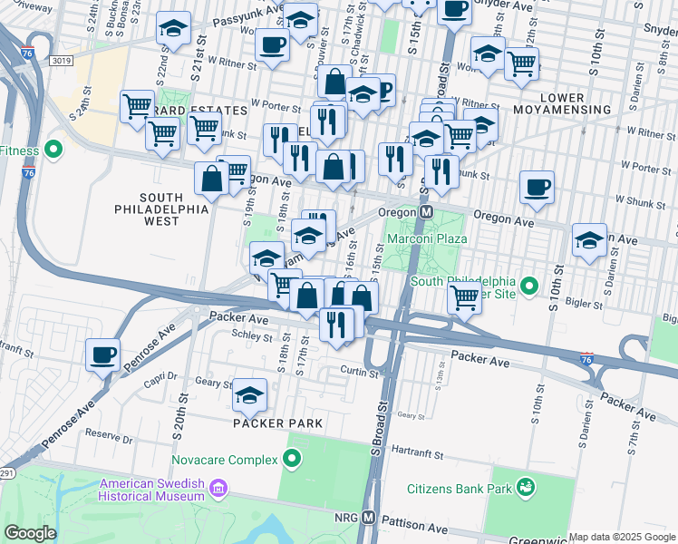 map of restaurants, bars, coffee shops, grocery stores, and more near 2913 South Smedley Street in Philadelphia