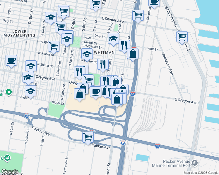 map of restaurants, bars, coffee shops, grocery stores, and more near 2702 South 2nd Street in Philadelphia