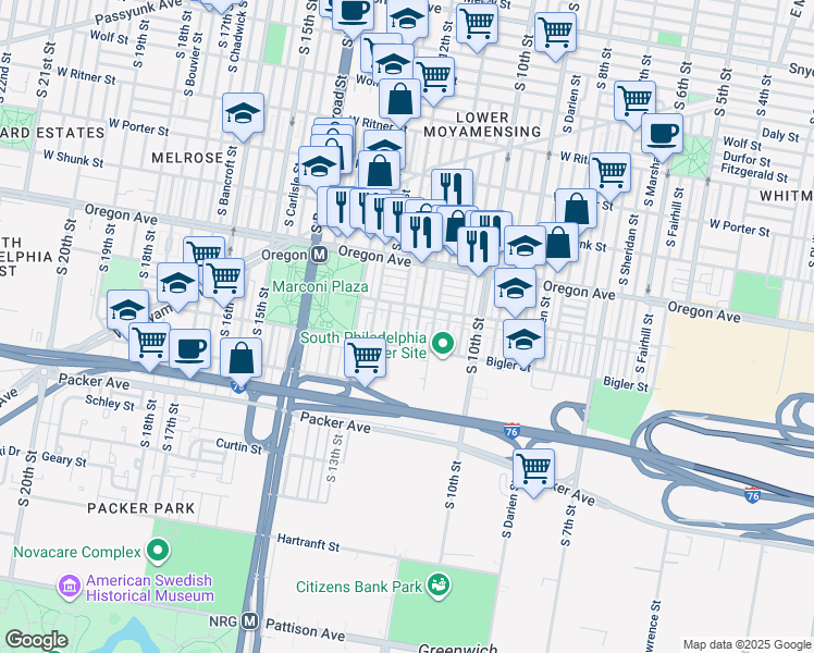 map of restaurants, bars, coffee shops, grocery stores, and more near 2823 South 12th Street in Philadelphia