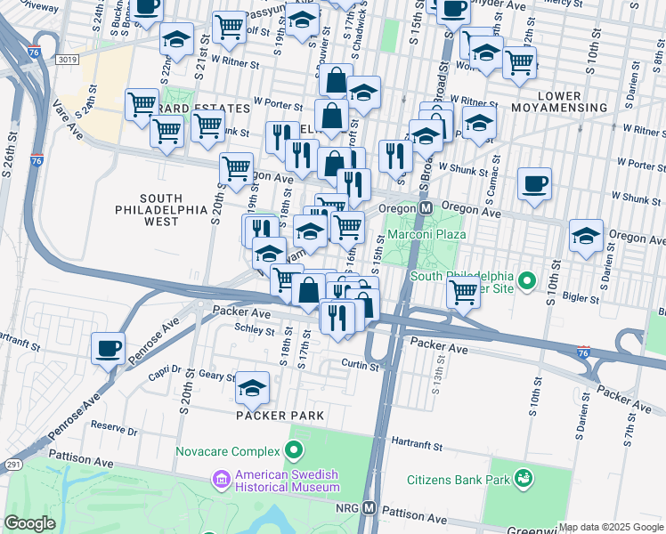 map of restaurants, bars, coffee shops, grocery stores, and more near 2914 South Smedley Street in Philadelphia