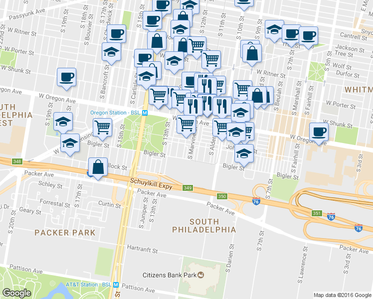 map of restaurants, bars, coffee shops, grocery stores, and more near 2823 South 12th Street in Philadelphia