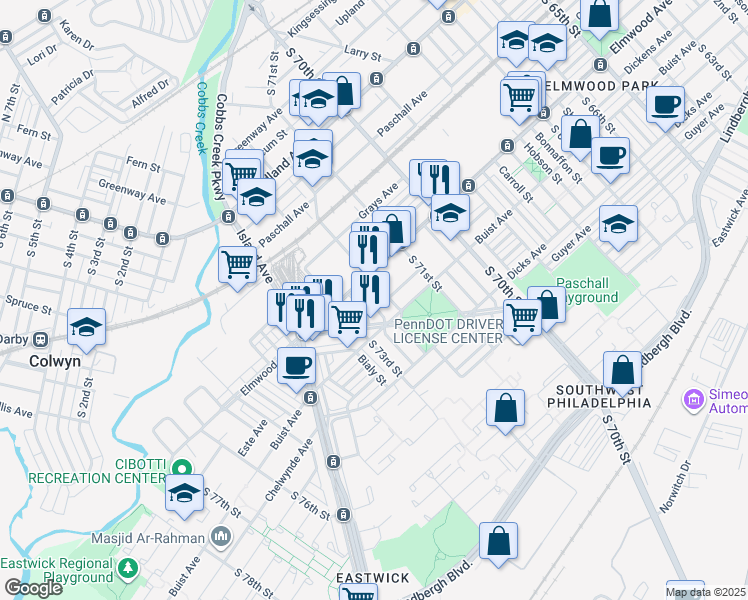 map of restaurants, bars, coffee shops, grocery stores, and more near 7144 Elmwood Avenue in Philadelphia