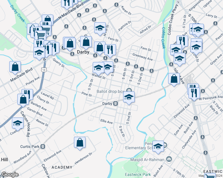 map of restaurants, bars, coffee shops, grocery stores, and more near 227 South 5th Street in Darby