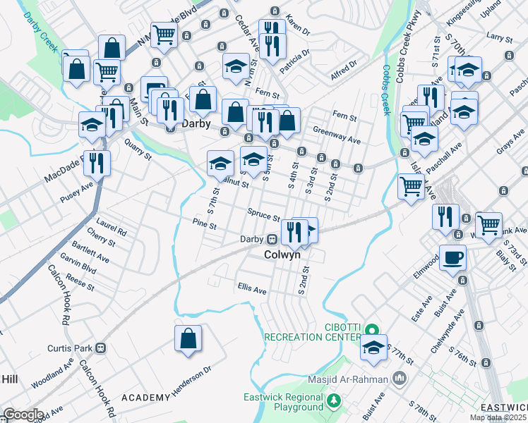 map of restaurants, bars, coffee shops, grocery stores, and more near 227 South 5th Street in Darby