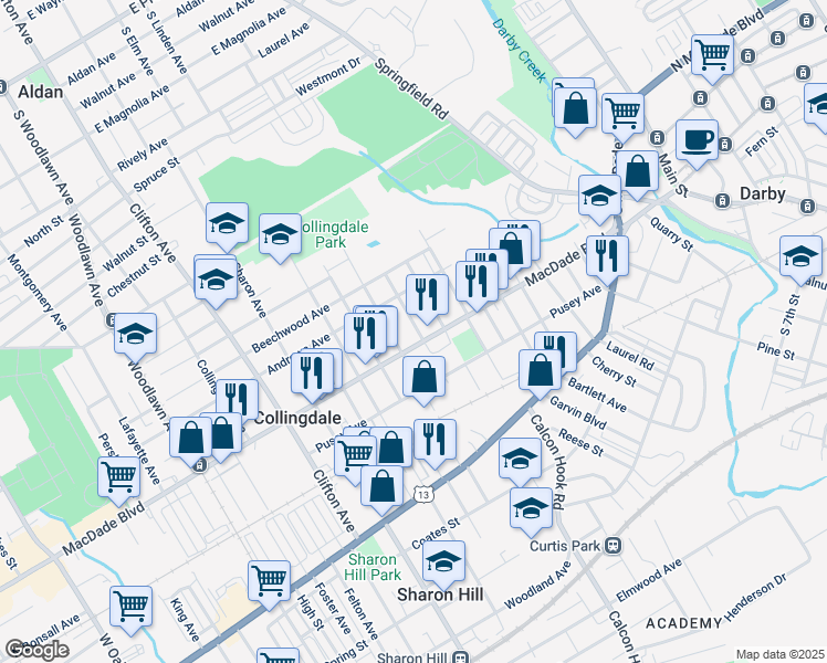 map of restaurants, bars, coffee shops, grocery stores, and more near 228 Marshall Avenue in Collingdale