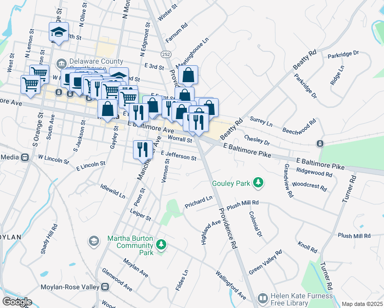 map of restaurants, bars, coffee shops, grocery stores, and more near 501 East Jefferson Street in Media