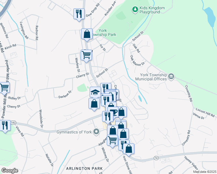 map of restaurants, bars, coffee shops, grocery stores, and more near 39 East Crestlyn Drive in York