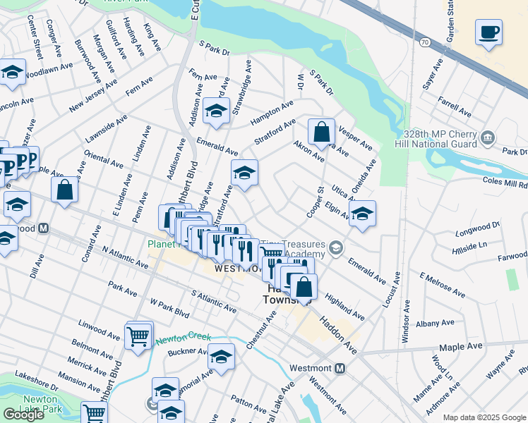 map of restaurants, bars, coffee shops, grocery stores, and more near 43 Emerald Avenue in Haddon Township