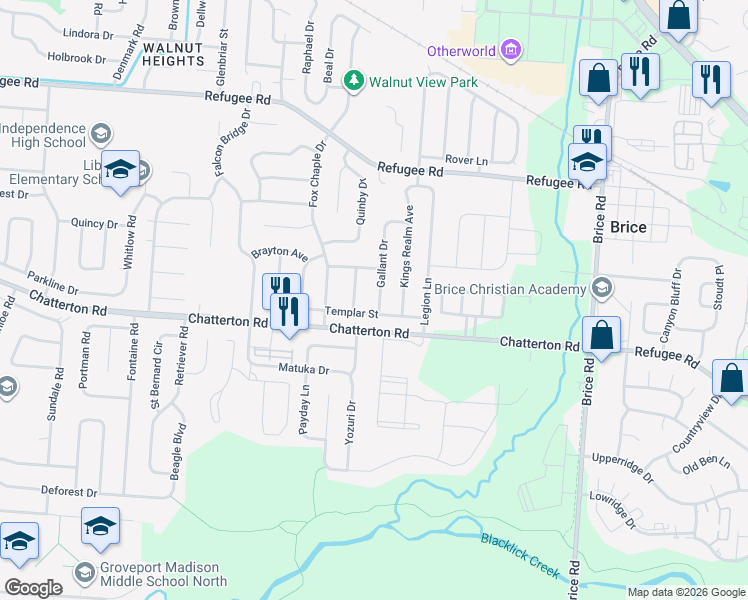 map of restaurants, bars, coffee shops, grocery stores, and more near 3215 Gallant Drive in Columbus