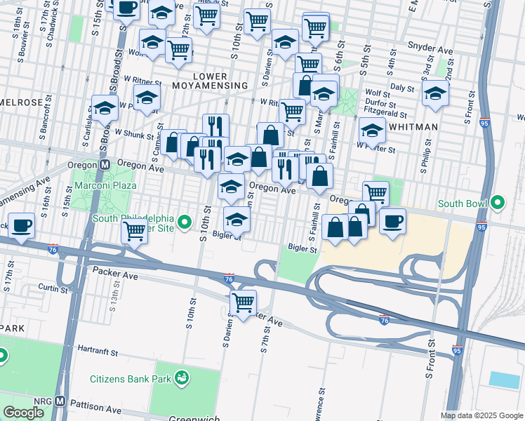 map of restaurants, bars, coffee shops, grocery stores, and more near 725 Johnston Street in Philadelphia