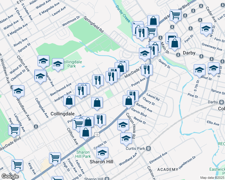 map of restaurants, bars, coffee shops, grocery stores, and more near 117 Roberta Avenue in Collingdale
