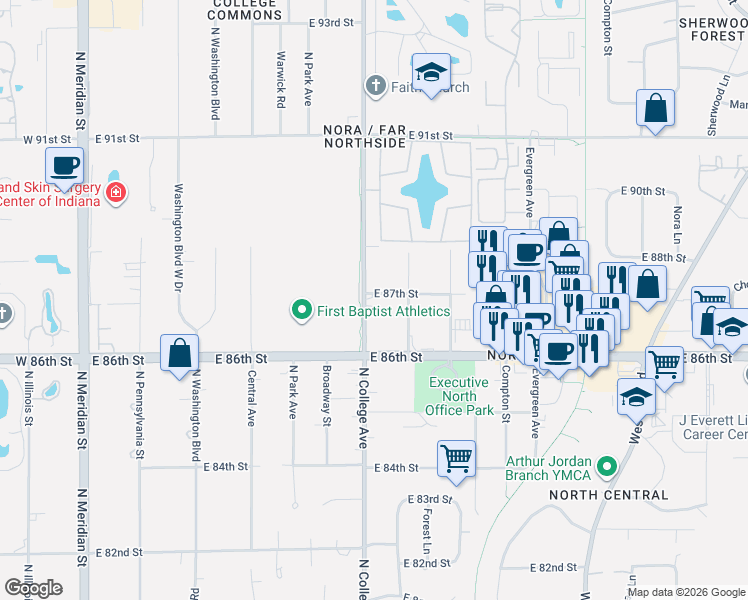 map of restaurants, bars, coffee shops, grocery stores, and more near 8705 North College Avenue in Indianapolis