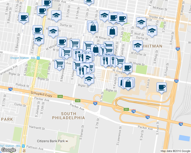 map of restaurants, bars, coffee shops, grocery stores, and more near 729 Johnston Street in Philadelphia