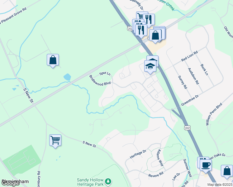 map of restaurants, bars, coffee shops, grocery stores, and more near 117 Leadline Lane in West Chester