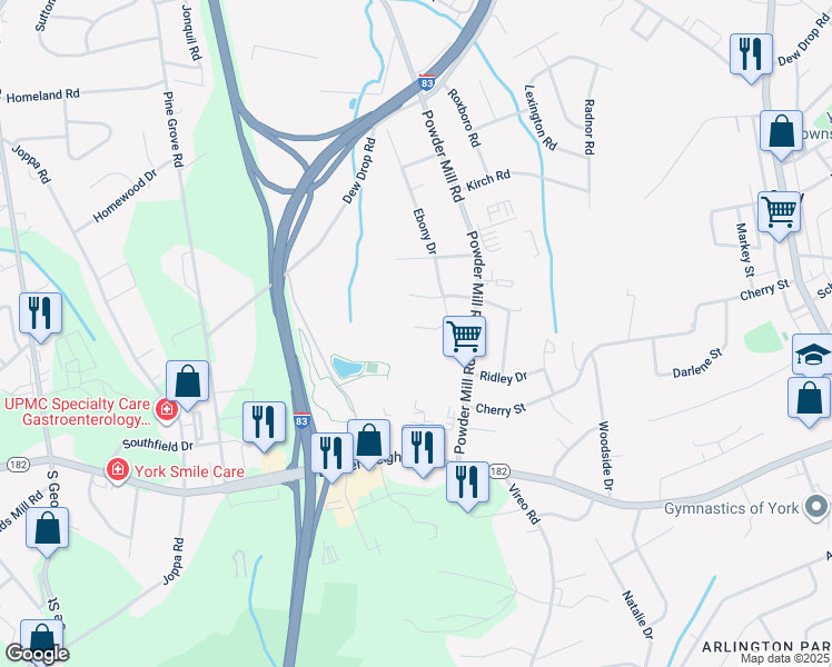 map of restaurants, bars, coffee shops, grocery stores, and more near 1913 Ebony Drive in York