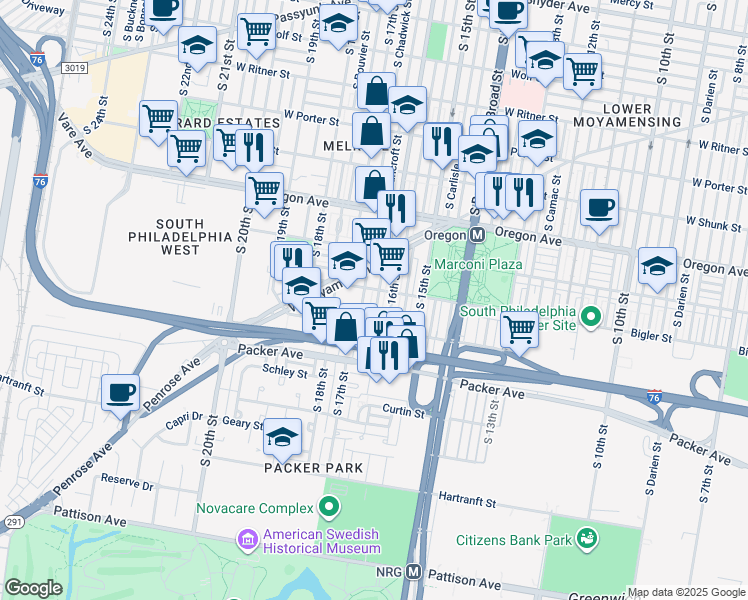 map of restaurants, bars, coffee shops, grocery stores, and more near 2840 South Smedley Street in Philadelphia