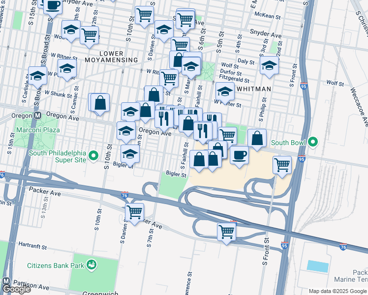 map of restaurants, bars, coffee shops, grocery stores, and more near 2726 South Fairhill Street in Philadelphia