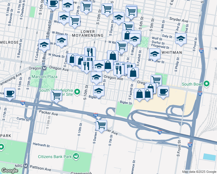 map of restaurants, bars, coffee shops, grocery stores, and more near 729 Johnston Street in Philadelphia