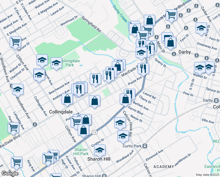 map of restaurants, bars, coffee shops, grocery stores, and more near 117 Roberta Avenue in Collingdale