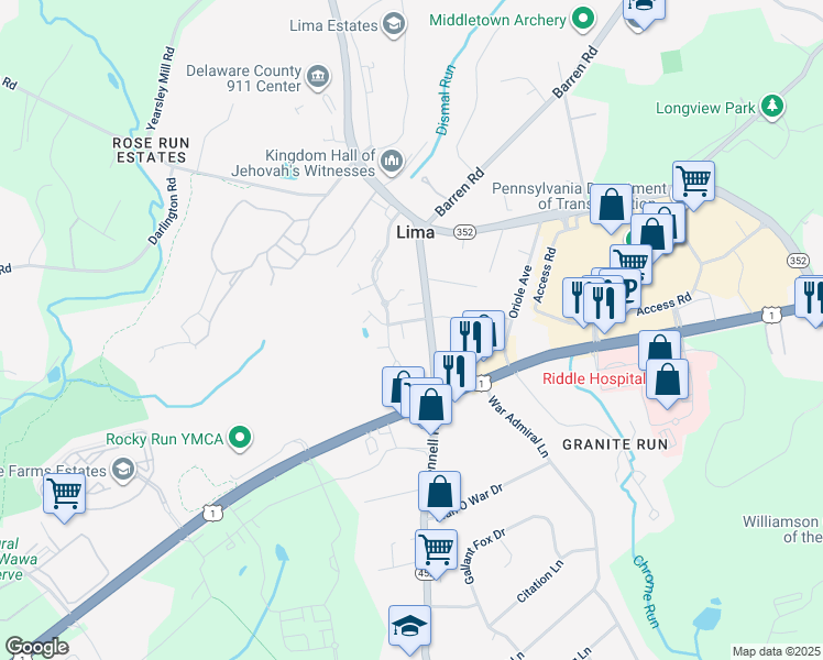 map of restaurants, bars, coffee shops, grocery stores, and more near 3 Ogden Court in Media