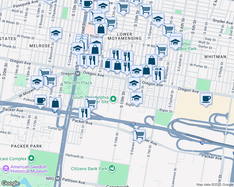 map of restaurants, bars, coffee shops, grocery stores, and more near 1029 Johnston Street in Philadelphia