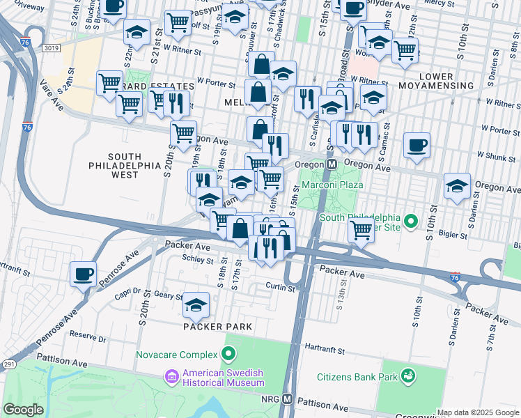 map of restaurants, bars, coffee shops, grocery stores, and more near 2840 South Smedley Street in Philadelphia