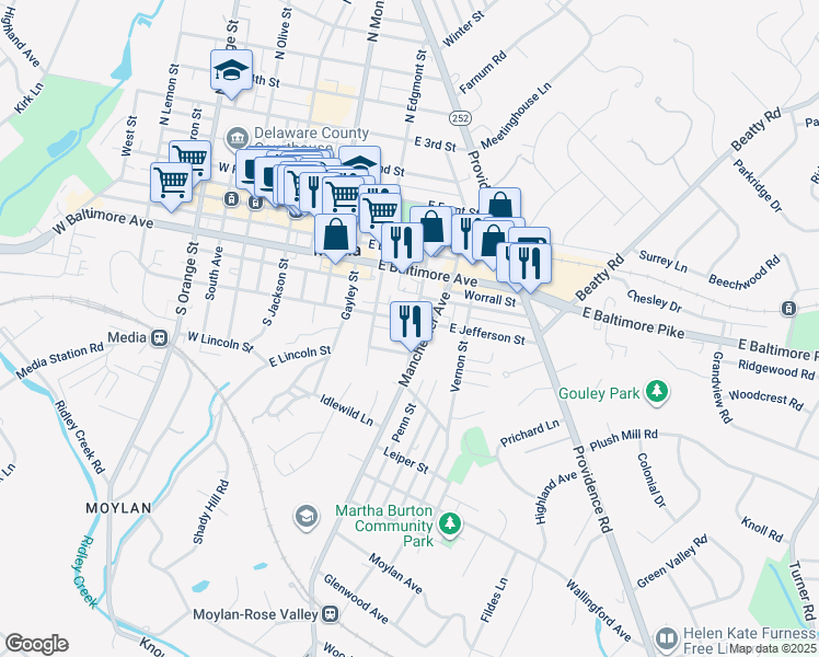 map of restaurants, bars, coffee shops, grocery stores, and more near 223 East Jefferson Street in Media