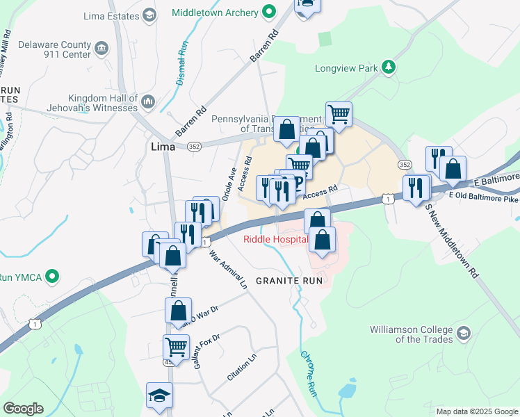 map of restaurants, bars, coffee shops, grocery stores, and more near 1145 West Baltimore Pike in Media