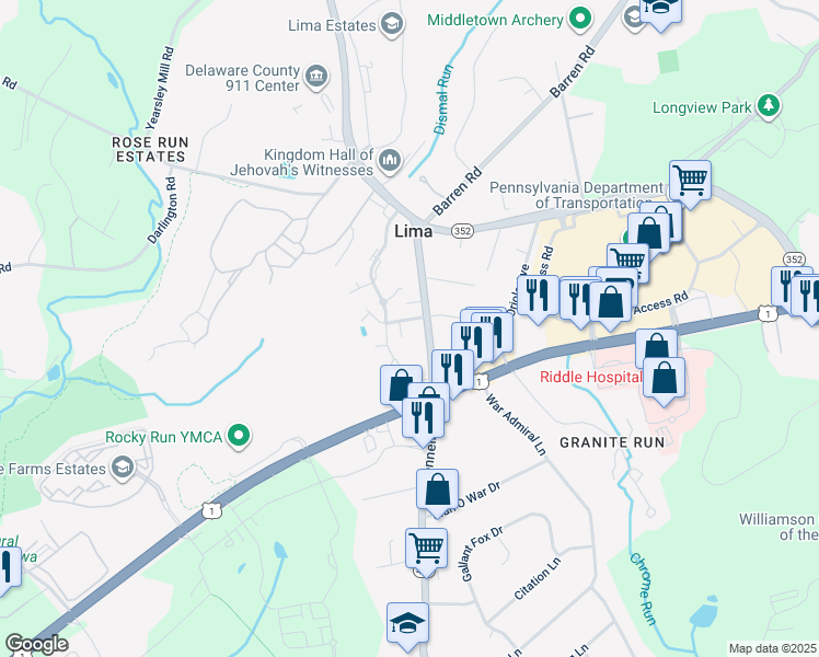 map of restaurants, bars, coffee shops, grocery stores, and more near 3 Ogden Court in Media