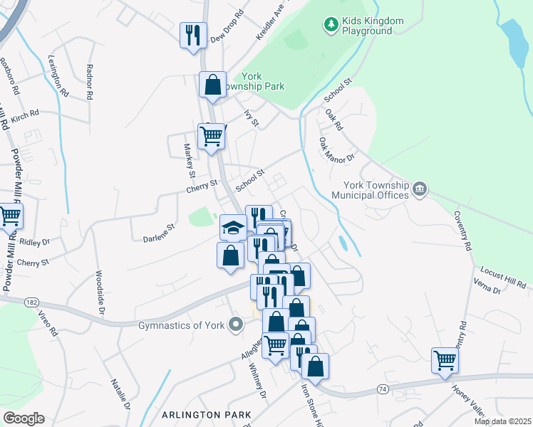 map of restaurants, bars, coffee shops, grocery stores, and more near 39 East Crestlyn Drive in York