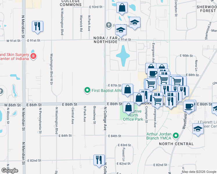 map of restaurants, bars, coffee shops, grocery stores, and more near 8705 North College Avenue in Indianapolis