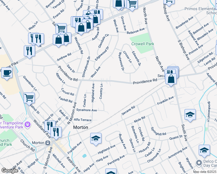 map of restaurants, bars, coffee shops, grocery stores, and more near 1152 Providence Road in Springfield