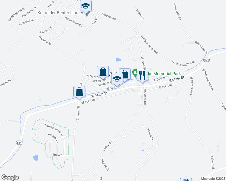 map of restaurants, bars, coffee shops, grocery stores, and more near 80 West Main Street in Windsor