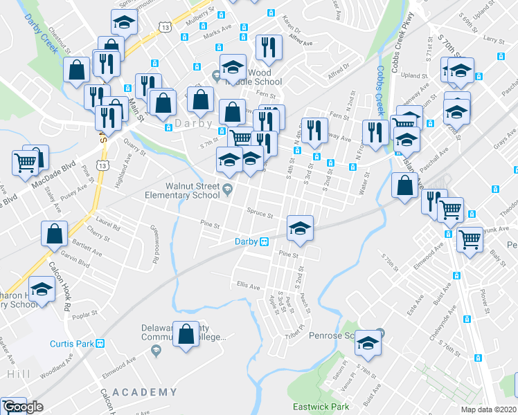 map of restaurants, bars, coffee shops, grocery stores, and more near 225 South 5th Street in Darby