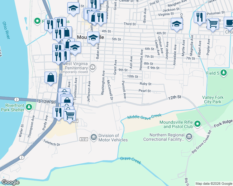 map of restaurants, bars, coffee shops, grocery stores, and more near 1207 Agnew St in Moundsville
