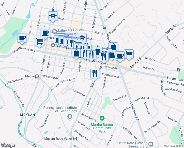 map of restaurants, bars, coffee shops, grocery stores, and more near 294 East Jefferson Street in Media