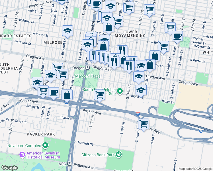 map of restaurants, bars, coffee shops, grocery stores, and more near 2821 South Camac Street in Philadelphia