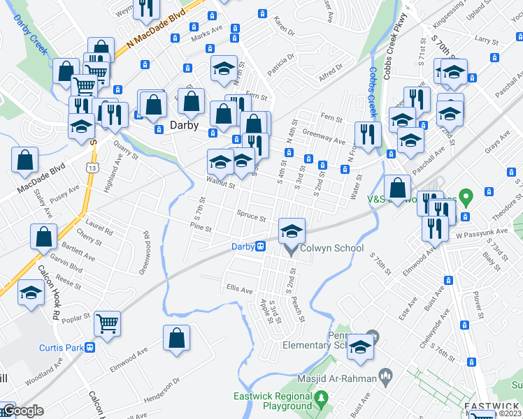 map of restaurants, bars, coffee shops, grocery stores, and more near 416 Franklin Street in Darby